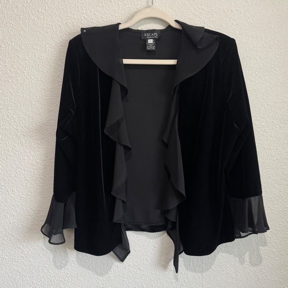 Xscape Sweaters - Y2K Xscape by Joanna Chen Black Velvet Ruffle Chiffon Whimisgoth Cardigan L